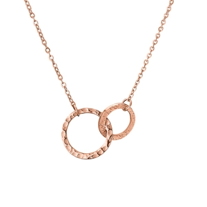 Rose gold interlocking double circle necklace with hammer texture on white background