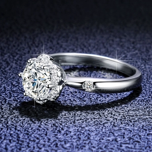 Macro side view of S925 sterling silver ring with 1ct moissanite and pave setting details