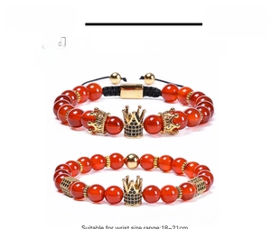 Detailed 8mm red agate beads bracelet set with crown charms and adjustable cord