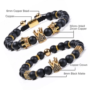Black matte 8mm stone crown bracelet with micro-inlaid zircon and copper accents