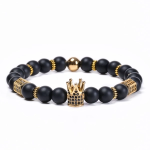 8mm matte black stone beaded bracelet with golden crown and zircon inlaid charms