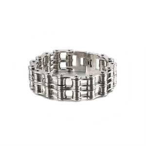 Industrial triple-row stainless steel motorcycle chain bracelet for men in polished silver