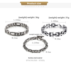Three retro stainless steel men's bracelets with diverse weaves and buckle details