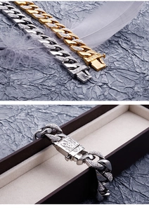 Detailed close-up of iced out cuban link bracelet with zircon inlay in a jewelry box