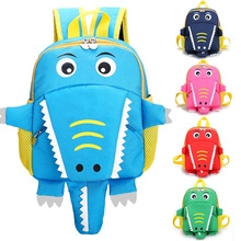 Detailed comparison of cartoon dinosaur backpacks in blue, pink, red, and green colors