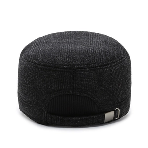 Dark grey men's flat top winter cap with warm ear flaps and adjustable metal buckle back