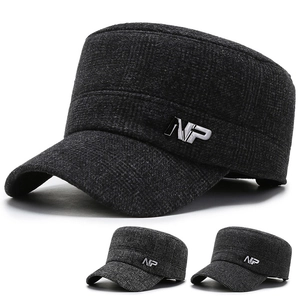 Men Winter Warm Cadet Cap Fleece Lined Thickened Flat Top Hat With Ear Flaps Plaid Textured