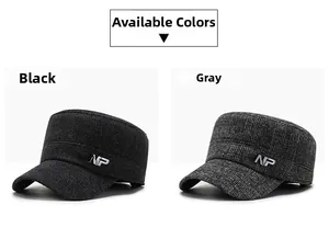 Detail view of winter hats for men in black and grey with warm thick fabric and NP metal tag