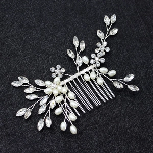 Elegant silver bridal hair comb with handmade pearls and crystal rhinestones