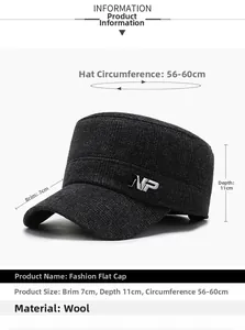 Detail of grey cadet cap with metal logo, 7cm brim, 11cm depth and wool texture