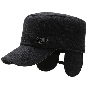 Winter flat top cap for elderly men with ear flaps and thick fleece lining in dark grey