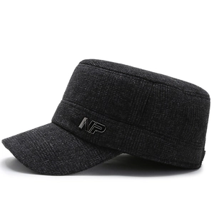 Men's winter flat top warm hat in dark grey plaid with metal logo detail