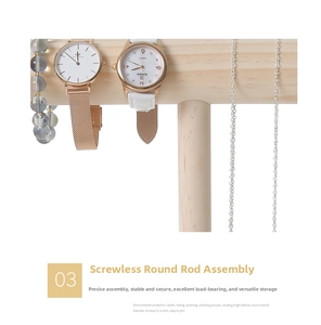 Detail of wooden T-bar stand holding watches and bracelets with screwless assembly