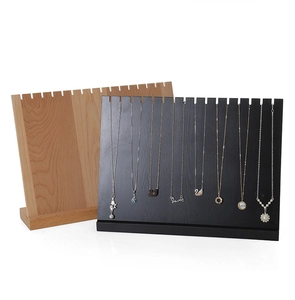Solid wood necklace display stands in light oak and black finish on white background