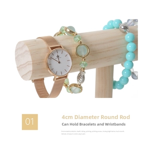 Macro detail of natural solid wood T-bar jewelry stand with a 4cm diameter rod