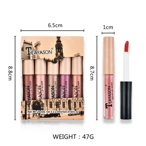 5-piece mini matte lip gloss set in nude and pumpkin shades with dimensions and weight