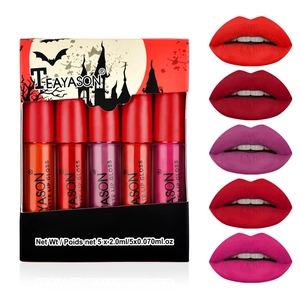 5-piece matte liquid lipstick set in Halloween box with multi-color lip swatches