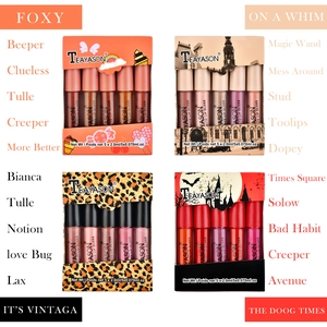 Detailed view of matte lip gloss sets in nude and pumpkin shades with five mini tubes