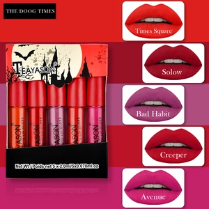Detailed swatches and packaging of 5 matte liquid lipsticks in varied red shades
