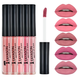 Detail view of five matte lip gloss colors with applicator brush and lip swatches set