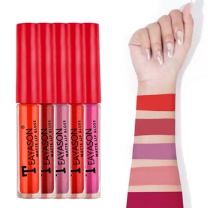 Detailed swatches and packaging of five matte lip glosses in nude and red shades