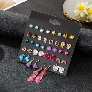 20-pair set of fashion earrings featuring pearls, rhinestones, and cute animal charms