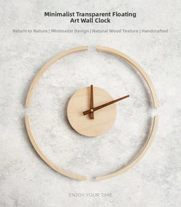 Detail view of the suspended minimalist wooden clock with natural texture and sleek hands