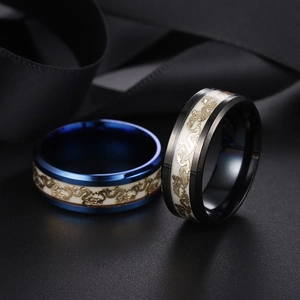 Chinese dragon pattern stainless steel luminous ring for men in blue and black finish