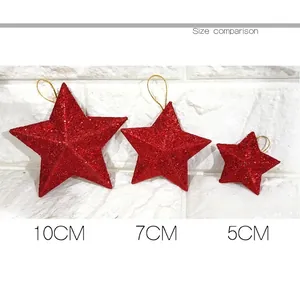 Size comparison of red glitter star Christmas tree ornaments in 5cm, 7cm, and 10cm sizes