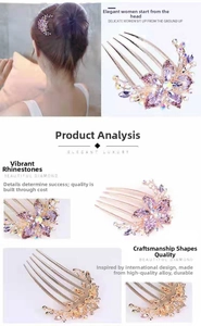 Detail of alloy hair comb with purple and white floral rhinestones for hair styling