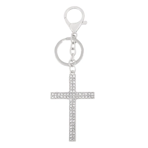 Silver vintage cross keychain with white rhinestones and metal loop on white background