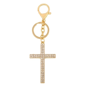 Golden cross keychain with sparkling rhinestones and lobster clasp on white background