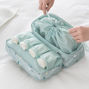 Mint green travel underwear organizer with unicorn print and multi-compartment storage