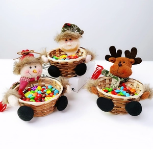 Christmas bamboo candy baskets featuring Santa, Snowman and Reindeer plush designs