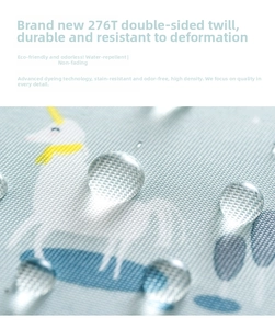 Detailed macro view of water-resistant 276T fabric with unicorn print and water droplets
