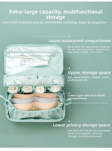 Detail view of mint green travel organizer with TPU waterproof dry-wet separation layer