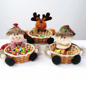 Three-piece large Christmas bamboo storage baskets with Santa, snowman, and reindeer figures