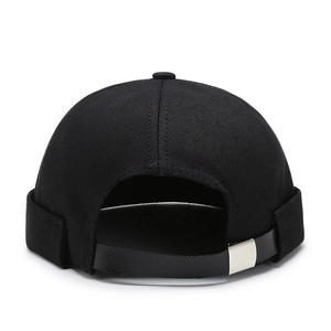 Classic black canvas docker hat with premium leather strap and silver metal buckle