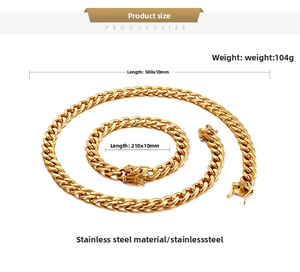 Detail view of gold stainless steel Cuban chain set with specific length and width measurements