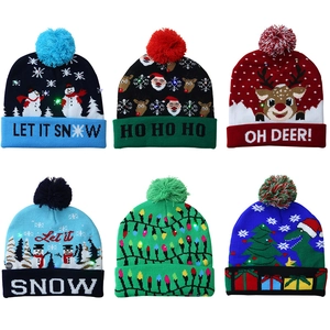 Bonnet De Noël En Tricot À LED Lumineux Chaud Acrylique Fête Vacances Dessin Animé Renne Bonhomme De Neige Adulte