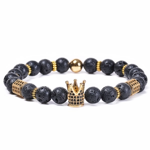 Lava stone crown bracelet with gold-plated copper and micro-pave cubic zirconia