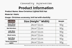 Tableau des tailles montrant les motifs festifs des bonnets de Noël tricotés à LED