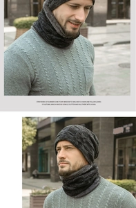 Close-up of men's thick knit hat and neck warmer set with warm fleece lining