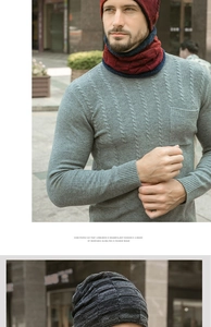Close-up of men's winter knitted set featuring a grey sweater, red beanie and striped scarf