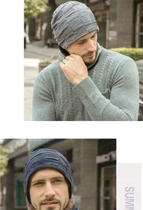 Detail view of winter knitted beanie and neck warmer with thick faux fleece lining