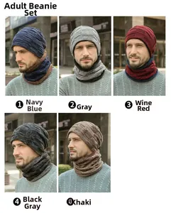 Close-up of men's knitted winter hat and fleece neck warmer set in five different colors