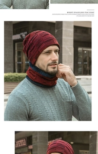 Men's winter knit beanie and neck warmer set with red-black plaid pattern and fleece lining