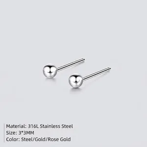 Minimalist 3mm 316L stainless steel ball stud earrings with polished silver finish