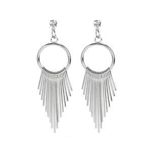 Silver geometric tassel drop earrings with sparkling rhinestones and long metallic fringe