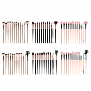 Macro display of 12pcs professional makeup brush sets in champagne, black and pink colors